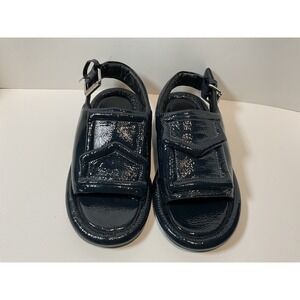 Tibi Patent Leather Buckle Strap Flat Sandals Size 35 Dark Navy With Pockets